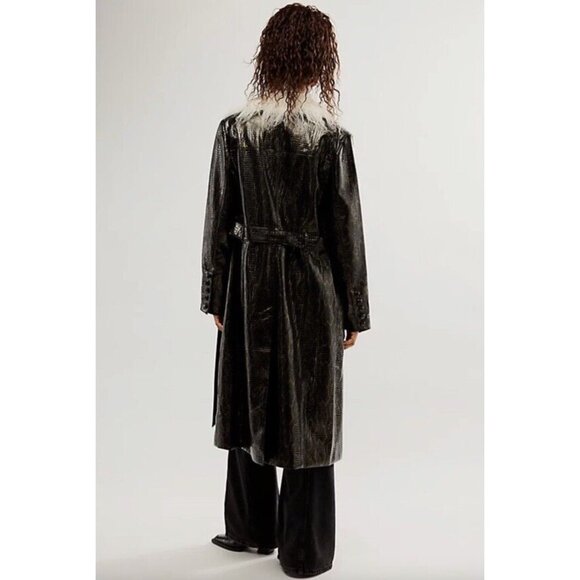 Free People Vegan Midnight Train Duster Black Size XS 90s Y2K Fur Collar - Picture 3 of 6